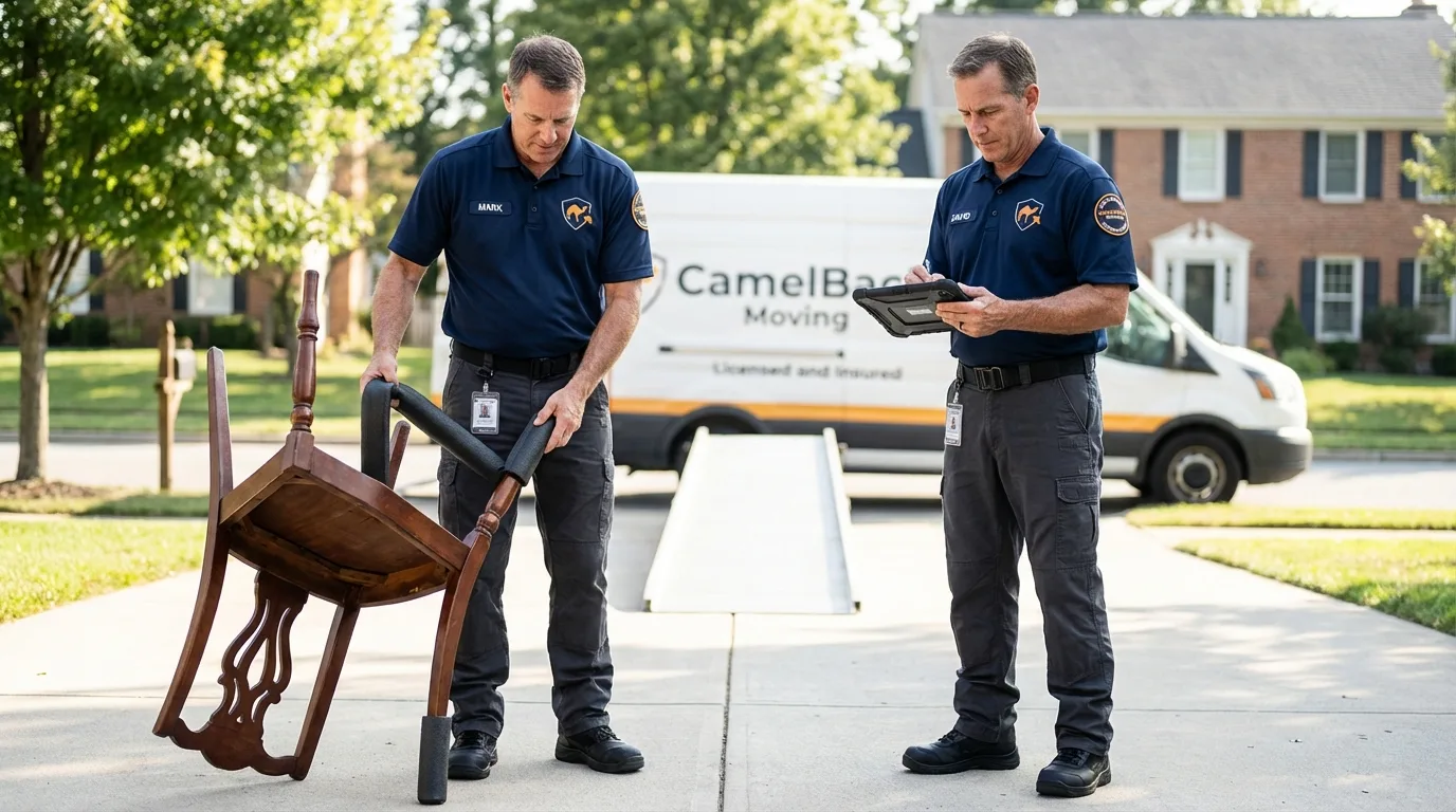 Movers inspecting furniture for damage prevention before loading in Waynesboro, GA