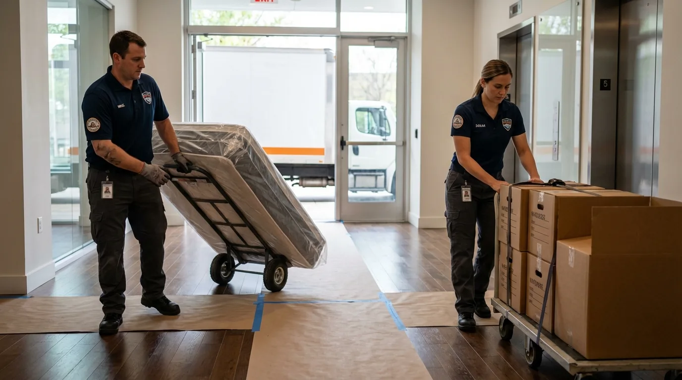Professional apartment movers loading elevator in Waynesboro, GA