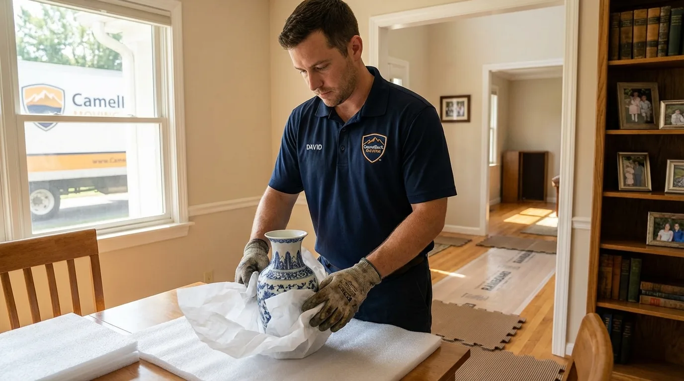 Professional crew carefully wrapping antique vase for senior downsizing move in Waynesboro, GA